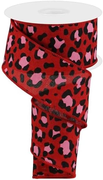 Leopard Print on Canvas Wired Edge Ribbon (Red, Black, Pink, 2.5 Inch)...