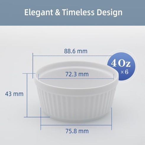Nuwave Ceramic Ramekins 4oz Set of 6, Classic Elegant Style Ramekins for Baking Souffles, Creme Brulées, Custards, Puddings, Oven, Microwave & Dis...