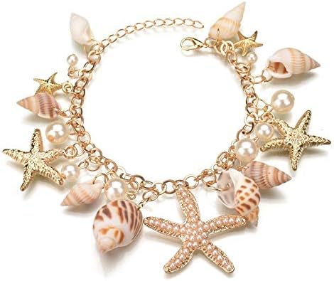 COLORFUL BLING Sea Shell Starfish Bracelets Pearl Charm Bracelets Beach Jewelry for Women...