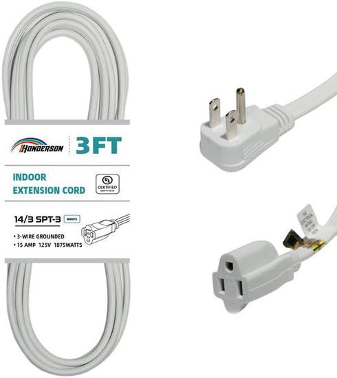 HONDERONS 3FT White Extension Cord with Flat Plug, 14/3 SPT-3 Extension Cable 3 Prong Grounded, Durable Power Cable for Home, Office...