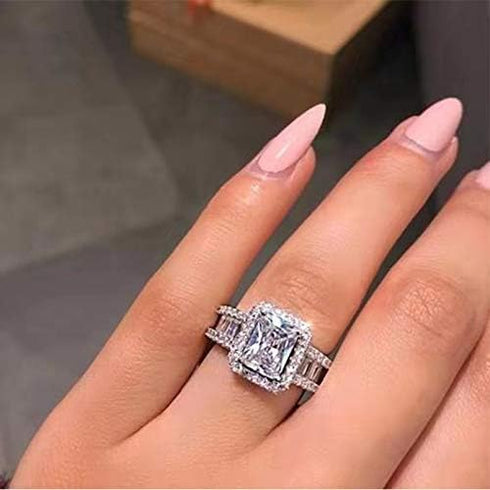 925 Sterling Silver Princess Cut Cubic Zirconia Ring Engagement Wedding Ring Emerald Cut Cubic Zirconia Simulated Diamond Wedding Engagement Ring...