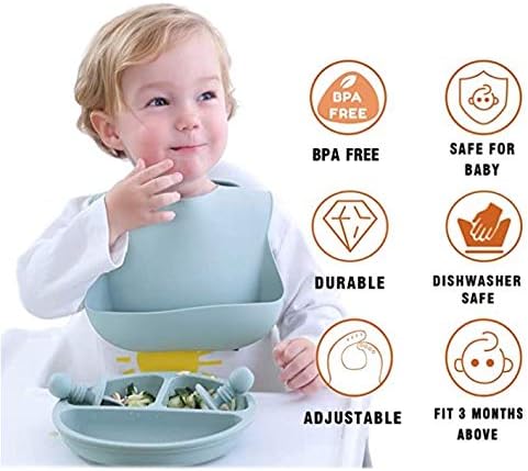 Baby Feeding Set Silicone Baby Bib Baby Plate Bowl Spoon Fork Divided Plate Baby Teether Baby Led Weaning Baby Gift Set...
