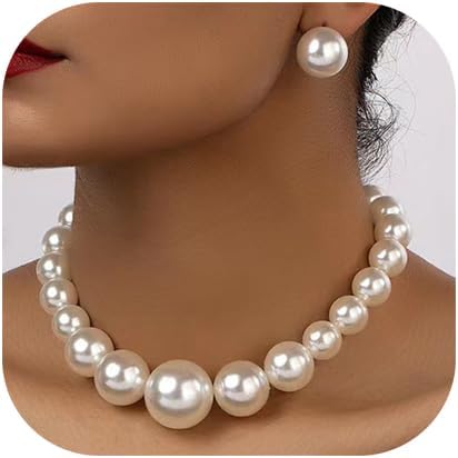 Chunky Pearl Necklace Stackable Layered Pearl Choker Necklace Large Pearl Choker Necklace Pearl Statement Necklace Faux Pearls Beaded Necklaces Br...