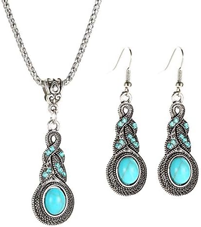 Fuqimanman2020 3pcs Ethnic Simulation Turquoise Set Butterfly Pendant Necklace Bohemian Stretchable Beaded Bracelet Bangle Teardrop for Women Boho...