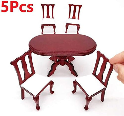 1:12 Dollhouse Miniature Furniture Red Wooden Dining Table Chairs 5pcs Set 1 Table and 4 Chair Wooden Creative Handcraft Gift for Boys Girls perfe...