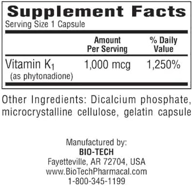 Bio-Tech - K1-1000 (Vitamin K-1) 100 Capsules...