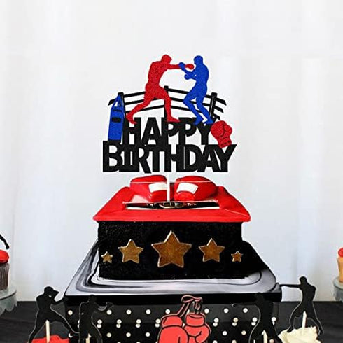 Boxing Cake Topper Bout Pugilist Infighter Beat Boxing Platform Punching Bag Glove Themed Men Kids Boy Girl Birthday Party Cake Decor Happy Bday E...