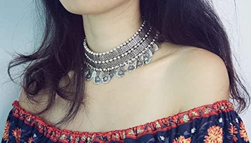 idealway Retro Boho Tribal Tassel Collar Bib Chain Chunky Pendant Statement Necklace Choker for Women...