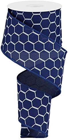 Chicken Wire Canvas Wired Edge Ribbon - 10 Yards (Navy Blue, White, 2.5")...