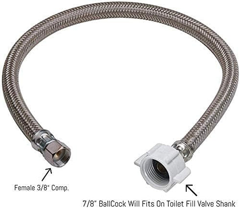 EZ-Fluid 12“ Toilet Water Supply Connector, Braided Stainless Steel - 3/8“ Female Compression Thread x 7/8” Female Ballcock Thread 12-Inch Toilet ...
