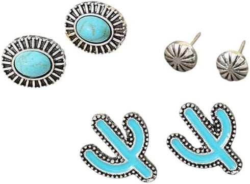 3Pcs Western Turquoise Stud Earrings Set Natural Turquoise Bohemian Cactus Pumpkin Flower Lightning Earrings Vintage Jewelry Gifts for Women Girls...