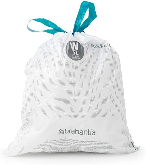 Brabantia PerfectFit Trash Bags (Size W/1.3 Gal) Thick Plastic Trash Can Liners with Drawstring Handles (40 Bags)...