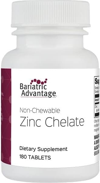 Bariatric Advantage Non Chewable Zinc Chelate, Highly Absorbable 20 mg Zinc Arginine and Zinc Glycine Tablets for Bariatric Surgery Patients - 180...