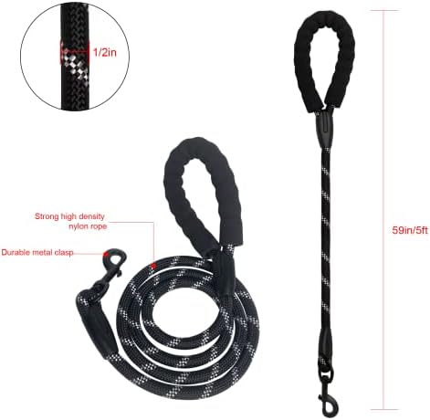 Beastron 5FT Heavy Duty Dog Leash with Comfortable Padded Handle and Highly Reflective Threads for Medium and Large Dog’s, Black...