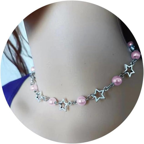 Pearl Necklace for Women Silver Star Choker Necklace Dainty Hollow Star Necklace Handmade Adjustable White Pearl Necklace Y2K Jewelry Gifts for Wo...