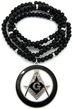 MENS FREEMASON MASONIC COMPASS PENDANT WITH 6mm/30 WOODEN BEAD NECKLACE...