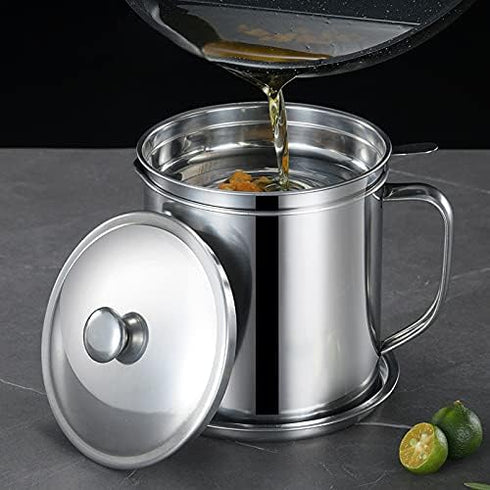 Bacon Grease Container with Strainer 1.25 L / 42 oz Strong Kitchen Catcher Food-grade Stainless Steel Cooking Oil Keeper with Lid and Easy-Grip Ha...
