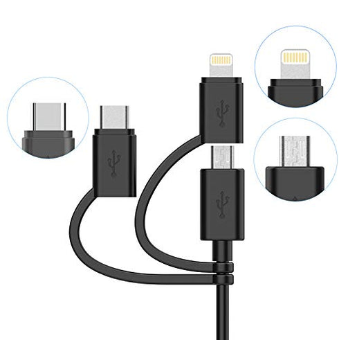 Apple MFI Certified 3-in-1 Cable, Lightning/Type C/Micro USB Cable for iPhone, iPad, Huawei, HTC, LG, Samsung Galaxy, Sony Xperia, Android Smartph...