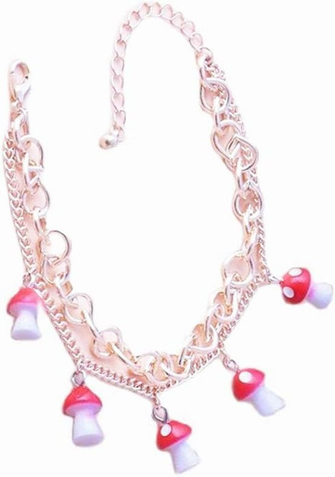 Double Layer Mushroom Bracelet Anklet Cute Red Mushroom Pendant Bracelet Dainty Adjustable Combination Strand Stretch Bracelet Anklet for Women Gi...