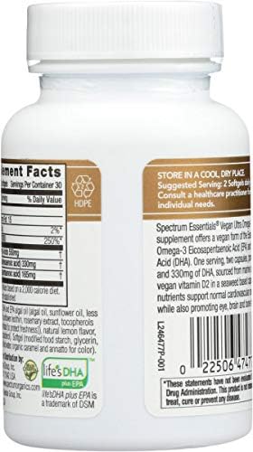 Spectrum Essentials Soft Gels, Vegan Ultra Omega-3 EPA and DHA with Vitamin D, 60 Count...