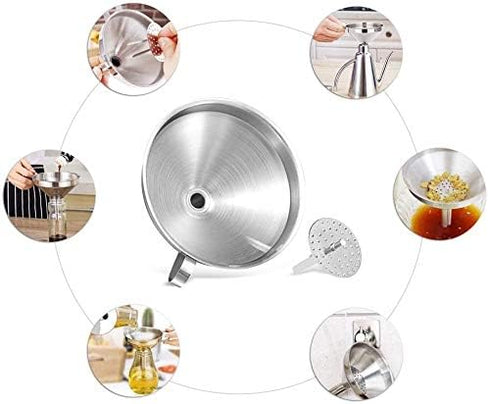 Kitchen Funnel, 3 Piece Stainless Steel Funnels Set with Handle Design and Removable Strainer, Great for Transferring of Liquid, Fluid, Dry Ingred...