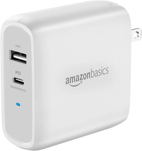 Amazon Basics 68W Two-Port GaN Wall Charger with 1 USB-C (60W) & 1 USB-A Ports (18W) with PD for Laptops, Tablets & Phones (iPhone 15/14/13/12/11/...