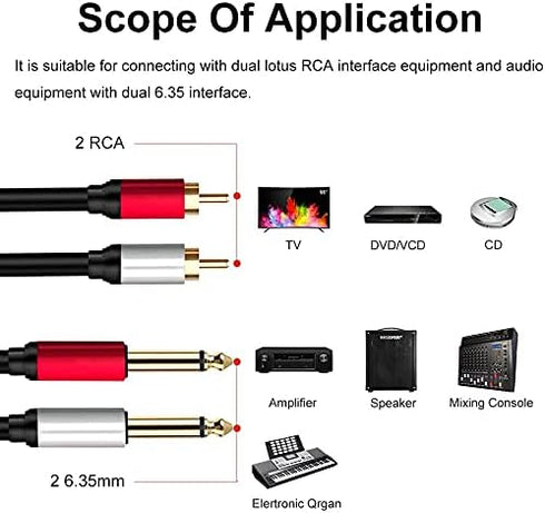 2 x 6.35 mm to 2RCA Cable,Dual 1/4 inch TS Stereo Jack Male to 2 RCA Male Stereo Audio Cable Splitter Adapter (12ft/4m, Black)...