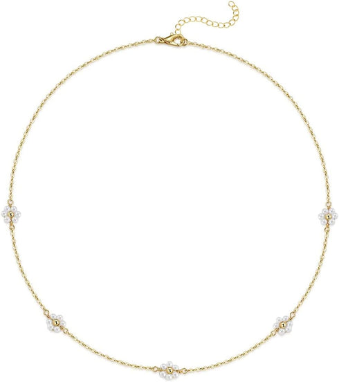 Daisy Flower Choker Necklace 14K Gold Plated Beaded Pearl Choker for Women Jewelry Gifts...