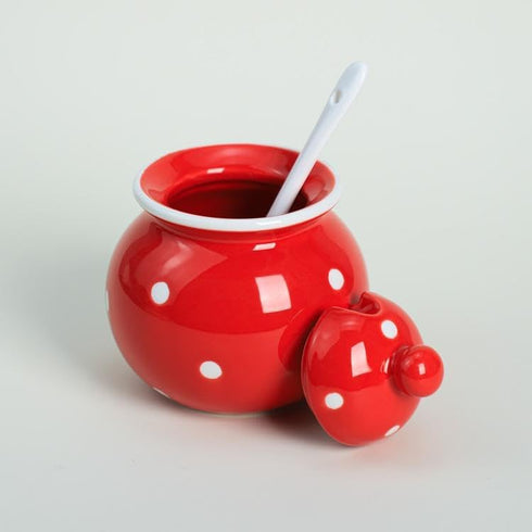 123Arts Ceramics Dot Sugar Salt Pepper Storage Jar Seasoning Pot with Lid And Spoon...
