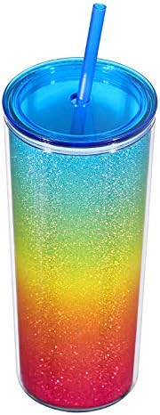 Home Tune Rainbow Tumbler with Straw, Sand Flow Glitter Double Wall Acrylic Cup Tumbler, 21 oz / 640ml (Blue)...