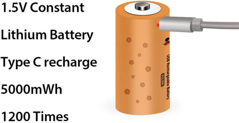 New USB C Lithium ion Rechargeable Battery, High Capacity 1.5V 5000mWh Rechargeable C Battery, 2.5 H Fast Charge, 1200 Cycle with Type C Cable, Co...