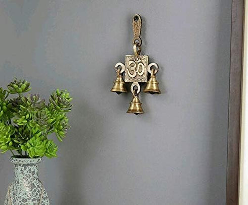 Brass Hanging Subh labh Door Decor Wall Sculpture Ganesh laxmi Saraswati hangings with Bells (Art Deco hangings AUM)...