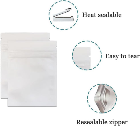 PABCK 100 Pcs 2.9x3.9inch (2.5x2.7inch inside size) Matte White Front Window Resealable Foil Zipper Lock Pouch for Zip Reclosable Lock Food Storag...