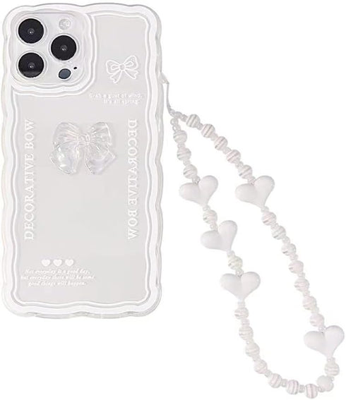 Casechics Compatible with iPhone Case,Cute 3D Crystal Bow Tie Bowknot Curly Wave Shape with Heart Wristband Strap Bracelet Chain Transparent Soft ...