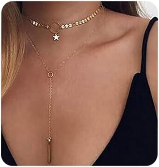 Bohemia Layered Choker Necklace Gold Disc Choker Star Choker Lariat & Y Necklace Bar Pendant Necklace for Women and Girls(Gold)...