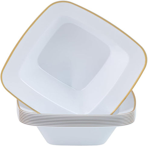 Party Plastic Bowls – White with Gold Rim - Square Plates- 10 Count- Elegant Premium Durable Dessert Bowls for Versatile Celebrations (5 oz.)...