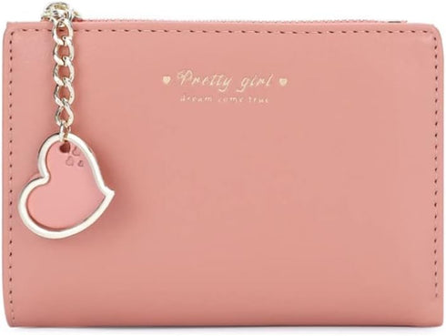 Sunwel Fashion Small Wallet with Heart Pendant Bifold Wallet Zipper Pocket Cash Card Holder Coin Purse for Women Girls (PINK)...