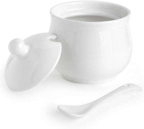 Ceramic Sugar Bowl with Lid and Spoon, Porcelain Salt Storage Jar, White Seasoning Container for Home and Kitchen, 7 Ounces (White)...