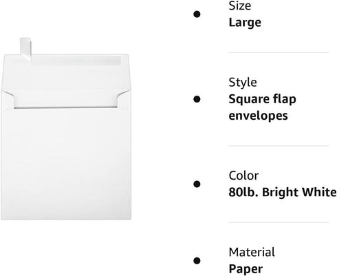 LUXPaper Square Invitation Envelopes | Peel & Press | 5 1/2" x 5 1/2" | Bright White | 80lb. Text | 50 Qty...
