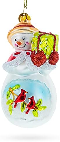 Snowman with Red Cardinals Holding a Gift Blown Glass Christmas Ornament...