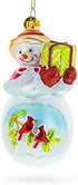 Snowman with Red Cardinals Holding a Gift Blown Glass Christmas Ornament...