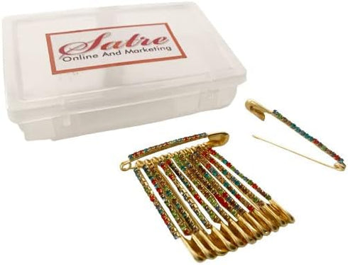 Colourful Saree/Safety Pins Brooch One Side of Safety Pin Decorated with Diamonds Set of 12,Decorative Safety Pins...