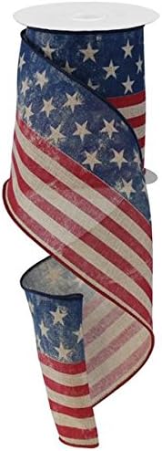 Stars & Stripes Flag Wired Edge Ribbon - 4 Inches x 10 Yards (Tan, Red, Blue)...