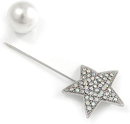 AB Crystal Star, Pearl Bead Lapel, Hat, Suit, Tuxedo, Collar, Scarf, Coat Stick Brooch Pin In Silver Tone Metal - 70mm L...