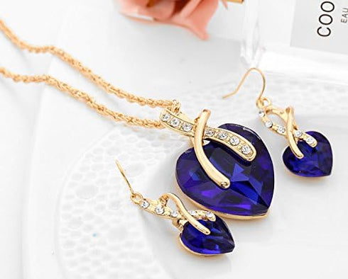 Romantic Blue Sapphire Heart of The Ocean Jewelry for Women CZ Crystal Necklace Earrings Set Bridal Wedding Accessories...
