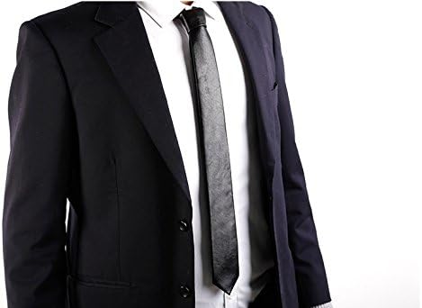 Men's Skinny Tie Handmade PU Leather Black Narrow Necktie...