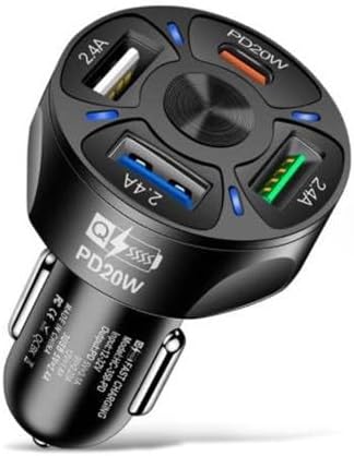 4 Port USB Fast Charging Cigarette Light Car Charger 3 * 2.4 A USB/ 1 PD20W LED Light Compatible with Tablets Cameras iPhone 14 13 12 11 Pro Max X...