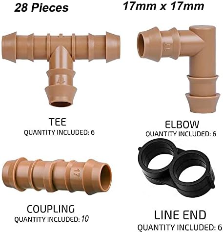 28P Drip Irrigation Fittings Kit (17mm) for 1/2" Tubing (.600" ID), 10 Couplings, 6 Tees, 6 Elbows and 6 Tubing End Closure - Barded Connectors fo...