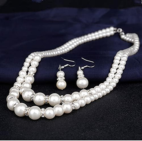 COLORFUL BLING 1920s Classic Faux Pearls Necklace Multi-Layer Strand Bracelet Dangle Earrings Set Beads Accessories Wedding Costume Party Jewelry ...