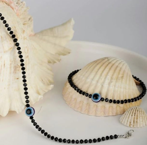 Evil Eye Bracelet/Anklets Layered Amulet Nazar for Women - Minimalist Jewelry - Silver & Black Glass Beads - Evil Eye Anklet Bracelet for Girls Ha...